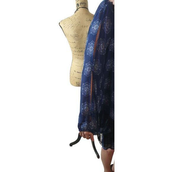 Charming Charlie Womens Boho Fringe Top S Blue White Sheer LS Y2K Hippie Artisy - Picture 5 of 7